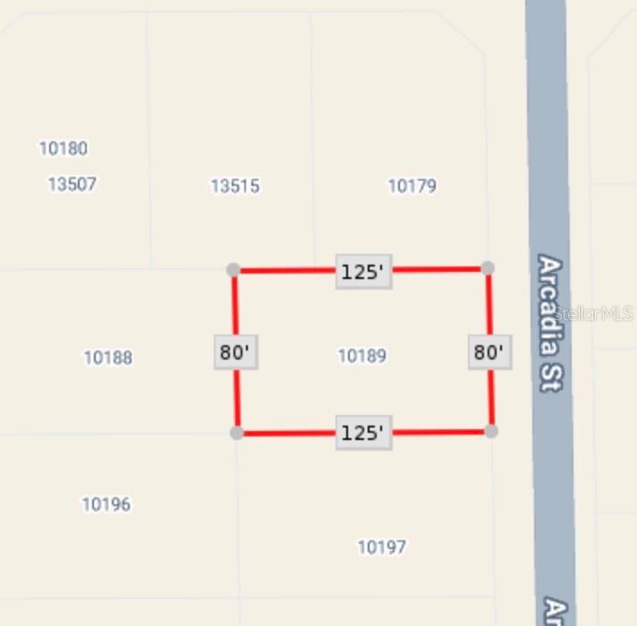 This is a map showing the rectangular property lines and dimensions of a vacant lot — 10189 ARCADIA STREET, PORT CHARLOTTE, FL