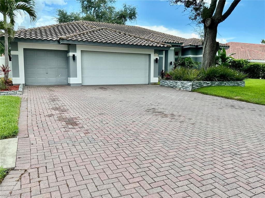 A single-story house with a tiled roof, brick driveway, and a large tree in front — 126 OLD OAK CIRCLE, PALM HARBOR, FL