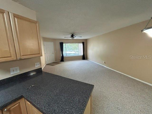 A kitchen counter overlooks an open-concept living area with carpeted floors and a ceiling fan — 1550 S BELCHER ROAD UNIT 324, CLEARWATER, FL