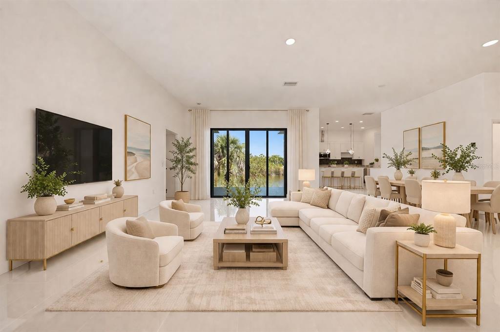 This is a rendering of a bright, open-concept living room with neutral furniture and tile flooring — 15096 LAKELAND CIRCLE, PORT CHARLOTTE, FL