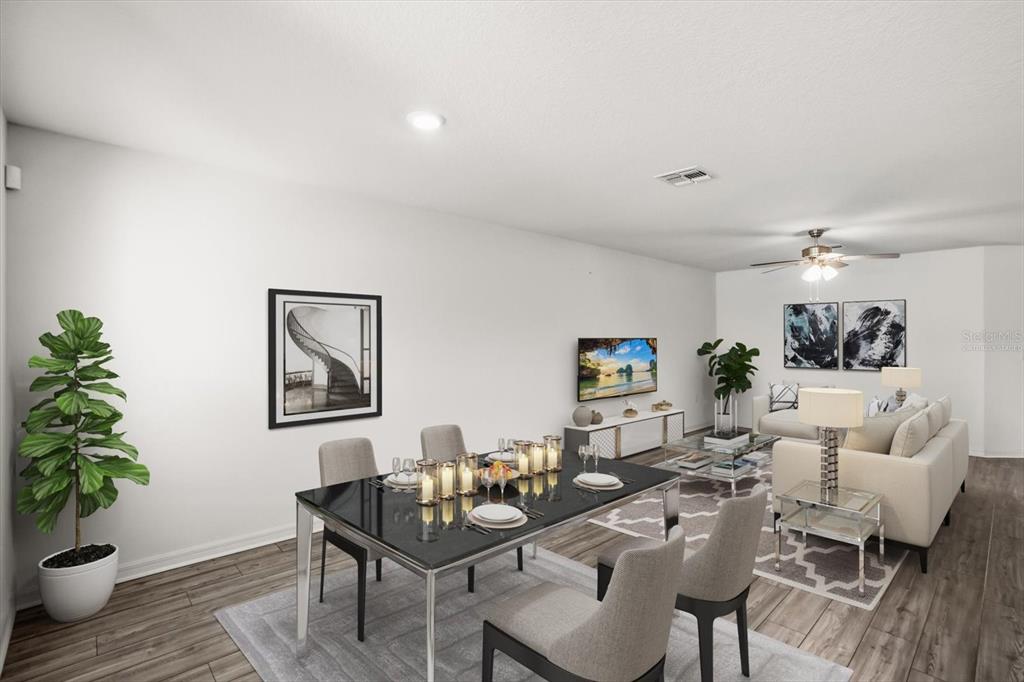This is a digital rendering of an open-concept living and dining room with modern furniture — 1758 WITHERNSEA COURT, TAVARES, FL