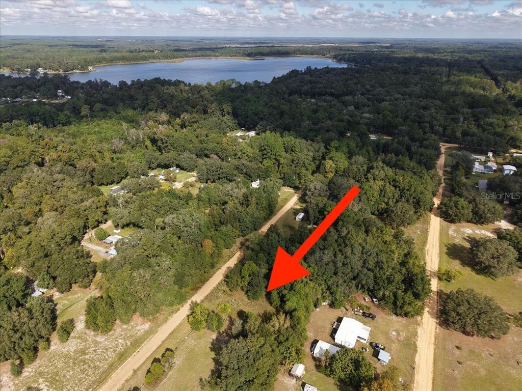 An aerial view shows a wooded lot with a red arrow pointing toward the property — 206 N HELMERS AVENUE, INTERLACHEN, FL
