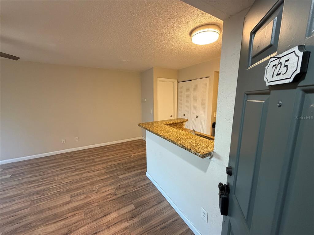 A view from an entryway into a living area with wood-look flooring and a breakfast bar — 5128 CONROY ROAD UNIT 725, ORLANDO, FL