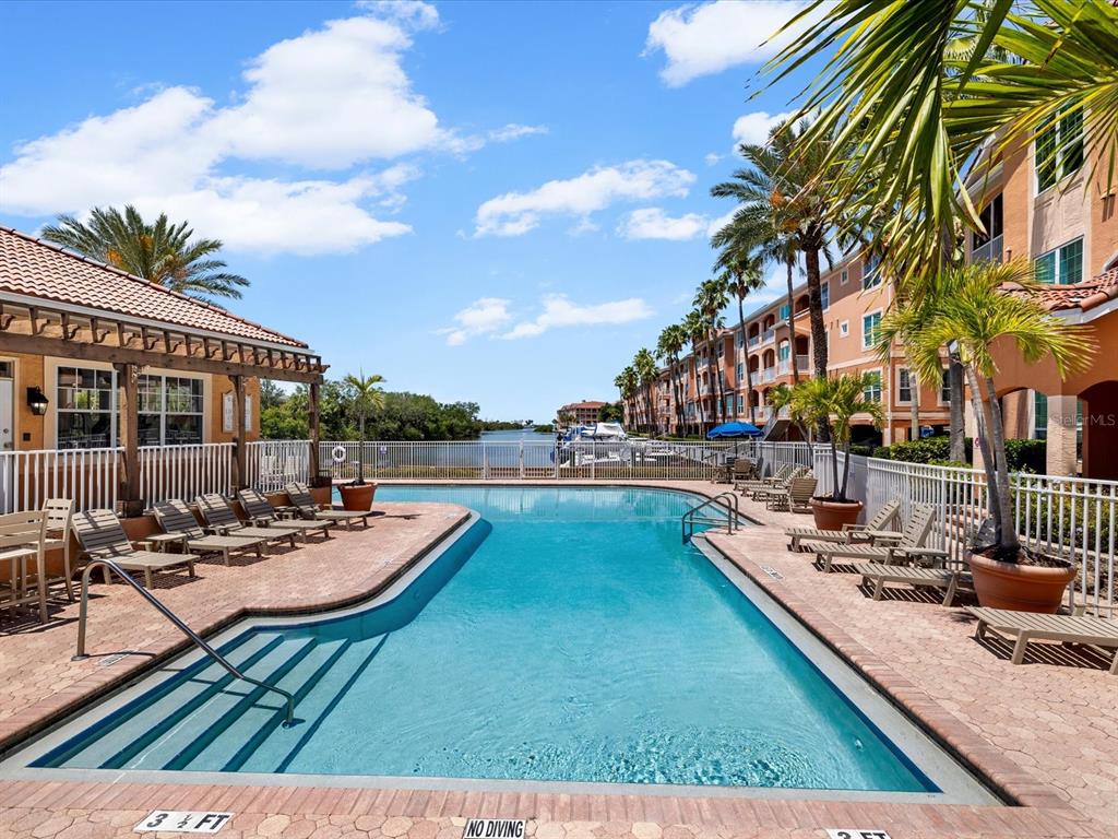 A swimming pool with lounge chairs sits on a patio next to a multi-story building — 5000 CULBREATH KEY WAY UNIT 9-116, TAMPA, FL