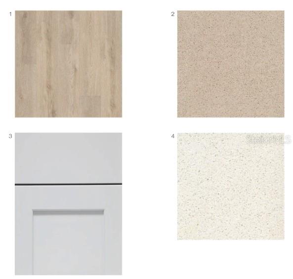 A collage showing wood flooring, white cabinetry, and two different speckled countertop material samples — 5435 CROWN POINT ROAD, KISSIMMEE, FL