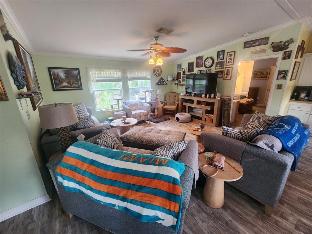 A living room features gray sofas, a television on a wooden stand, and light-green walls — 12398 SW CRENSHAW AVENUE, ARCADIA, FL