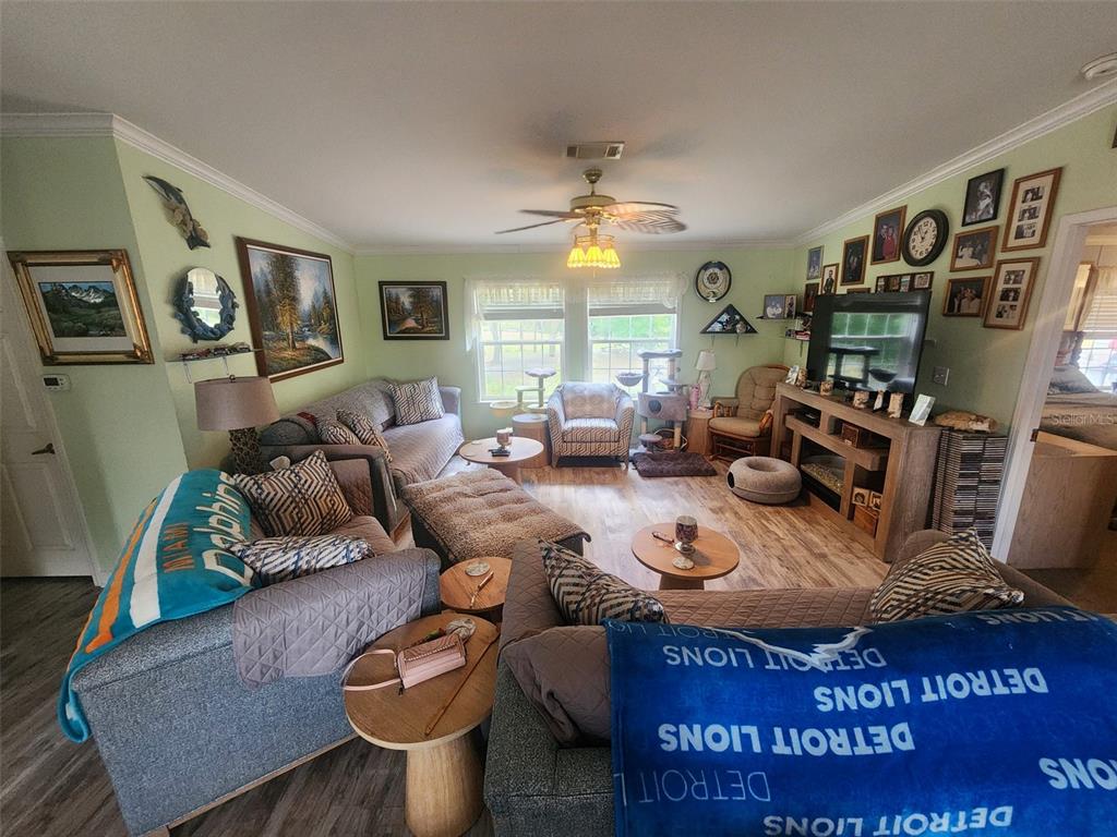 A living room features light green walls, wood-look flooring, two sofas, and a television console — 12398 SW CRENSHAW AVENUE, ARCADIA, FL
