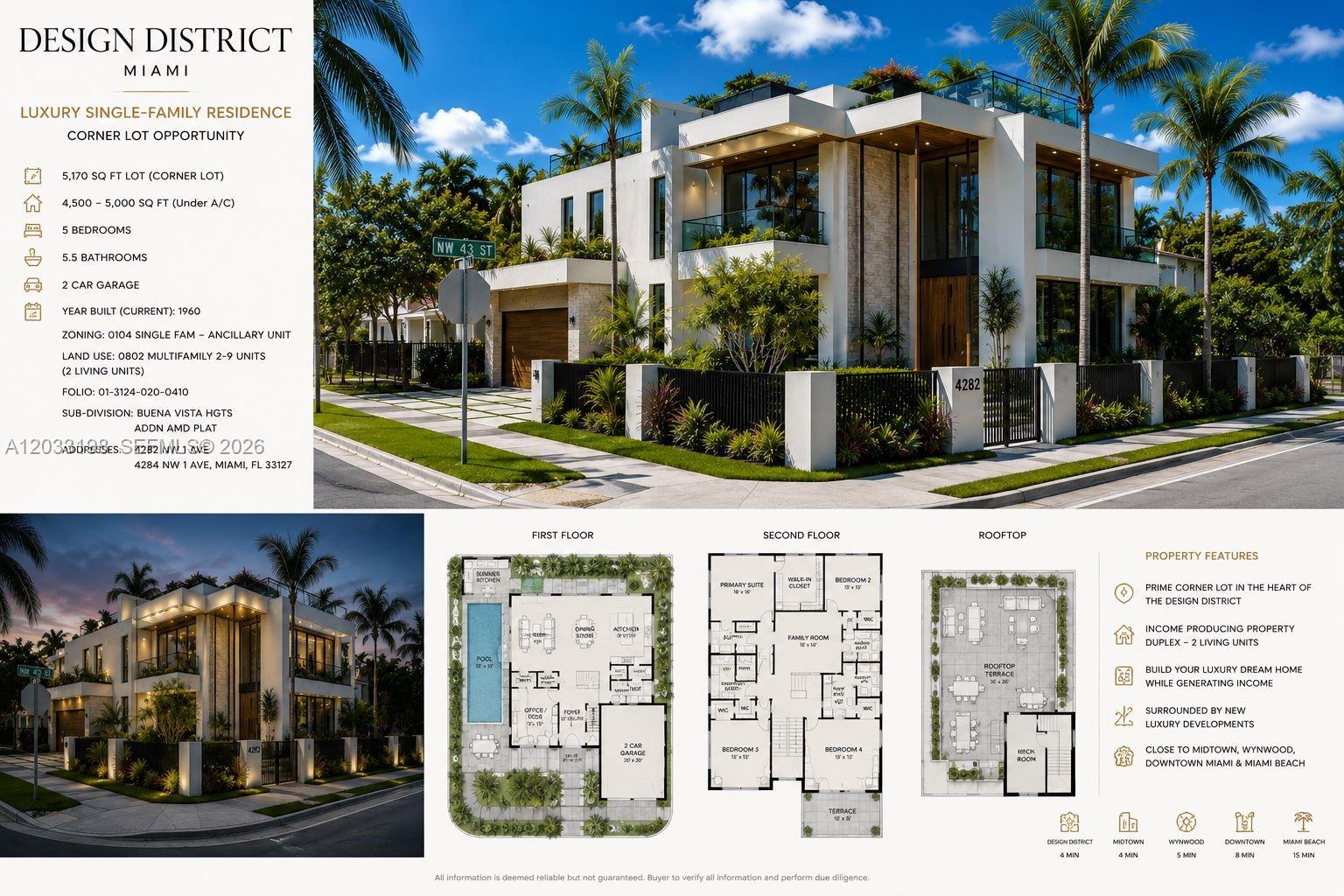 This real estate marketing flyer features a rendering of a modern house and floor plans — 4282 NW 1st Ave, Miami FL 33127, MIAMI, FL