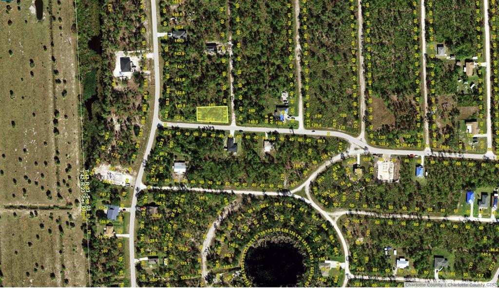 This is an aerial map view of a residential lot highlighted in yellow — 12355 GRAFFITI DRIVE, PUNTA GORDA, FL