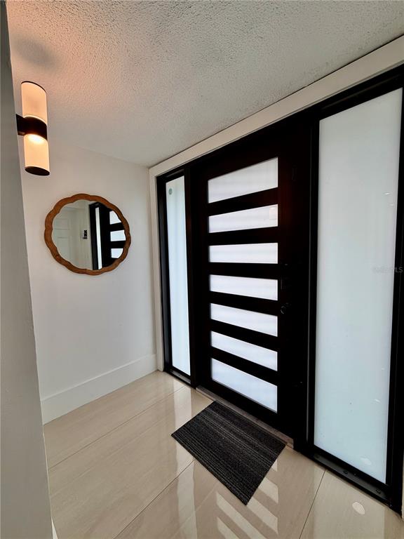 An entryway features a modern dark-framed front door with frosted glass panels and tile flooring — 4911 SHETLAND AVENUE, TAMPA, FL