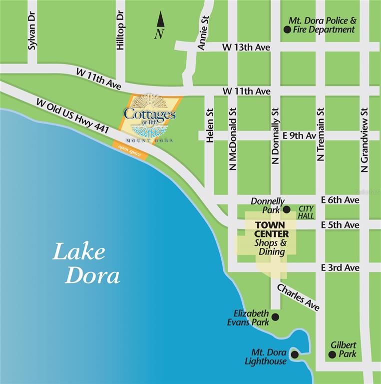 This is a map showing the location of Cottages on 11th near Lake Dora — 626 W 11TH AVENUE, MOUNT DORA, FL