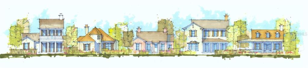 This is an architectural rendering showing a streetscape of five distinct residential homes — 626 W 11TH AVENUE, MOUNT DORA, FL