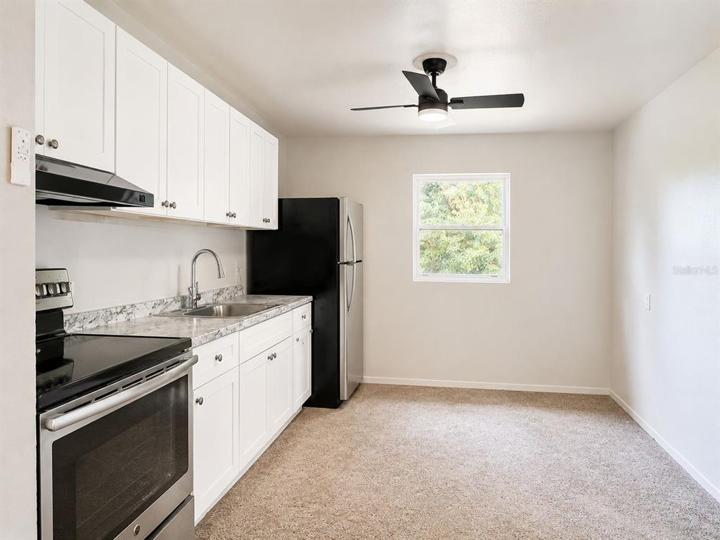 A kitchen features white cabinetry, stainless steel appliances, a window, and beige carpeted flooring — 38401 FERGUSON AVE, DADE CITY, FL