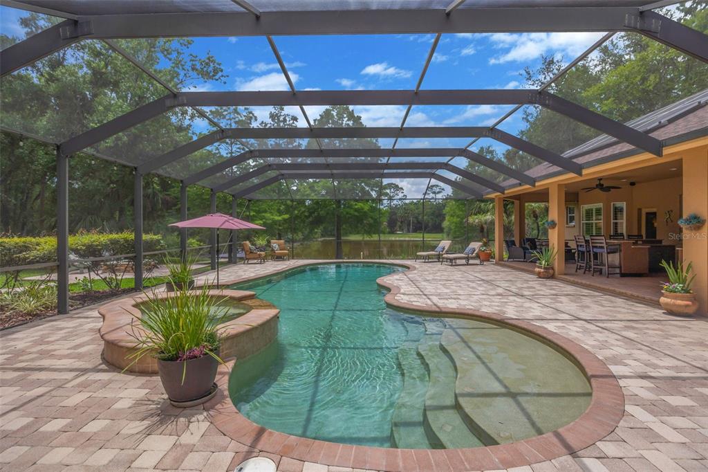 A screened-in pool and spa area with a paver deck overlooking a pond — 7519 YARDLEY WAY, TAMPA, FL