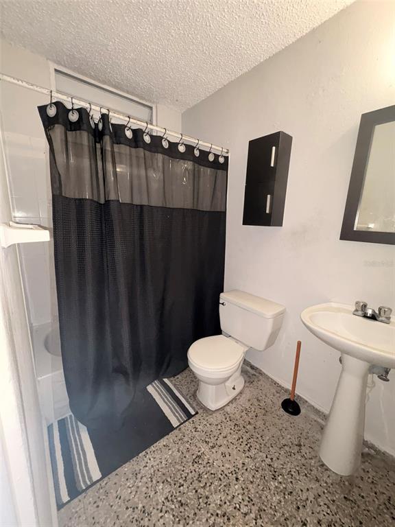 A bathroom features a pedestal sink, a toilet, a shower with a black curtain, and terrazzo flooring — Calle Geminis 13, CANOVANAS, PR