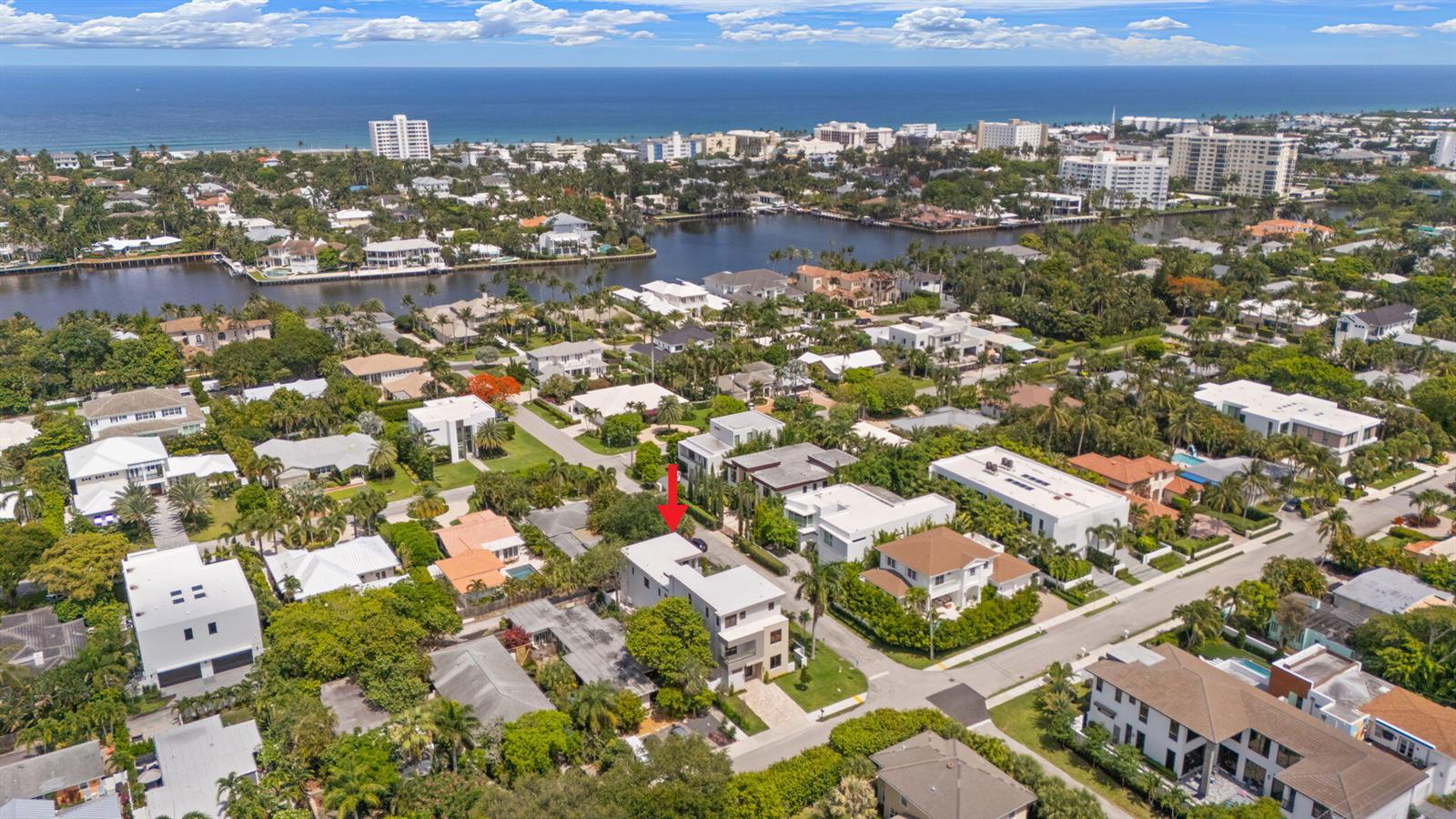 An aerial view shows a multi-story house with a red arrow pointing toward it — 301 NE 7th Avenue, Delray Beach FL 33483, DELRAY BEACH, FL