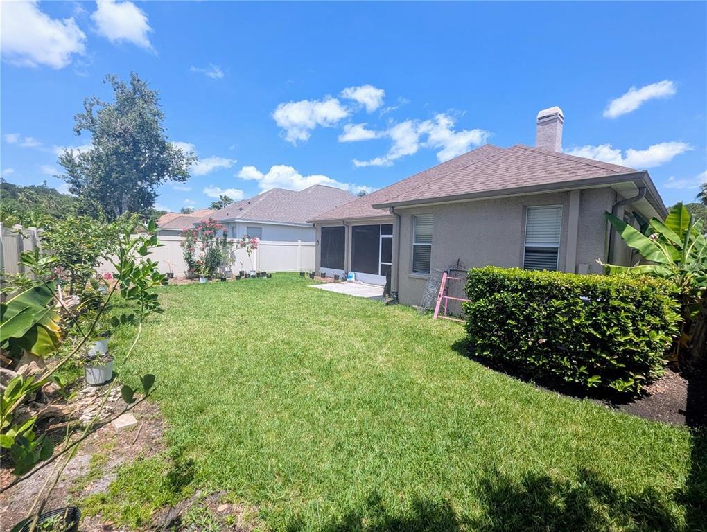 The backyard of a house features a screened-in patio, a lawn, and a privacy fence — 11236 BLACKSMITH DRIVE, TAMPA, FL
