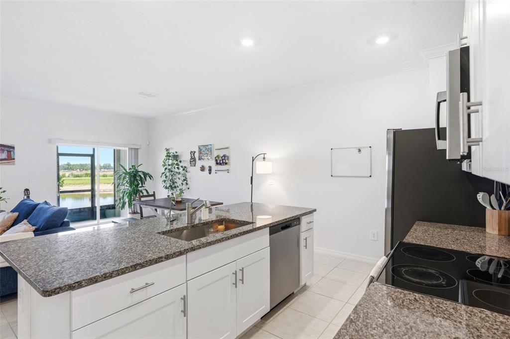 A kitchen with a granite island, stainless steel appliances, and a view of a lake — 9124 GALLANTREE PLACE, LAND O LAKES, FL