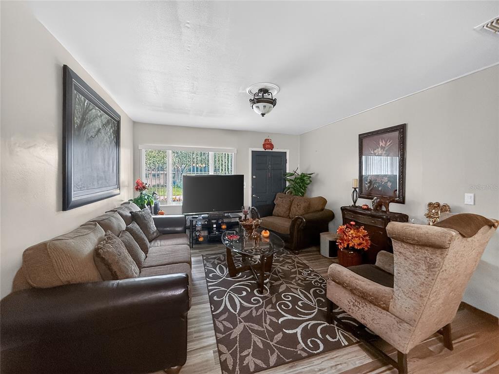 A living room features a brown sofa, an armchair, a television, and a patterned area rug — 8009 CORNWALL LANE, TAMPA, FL