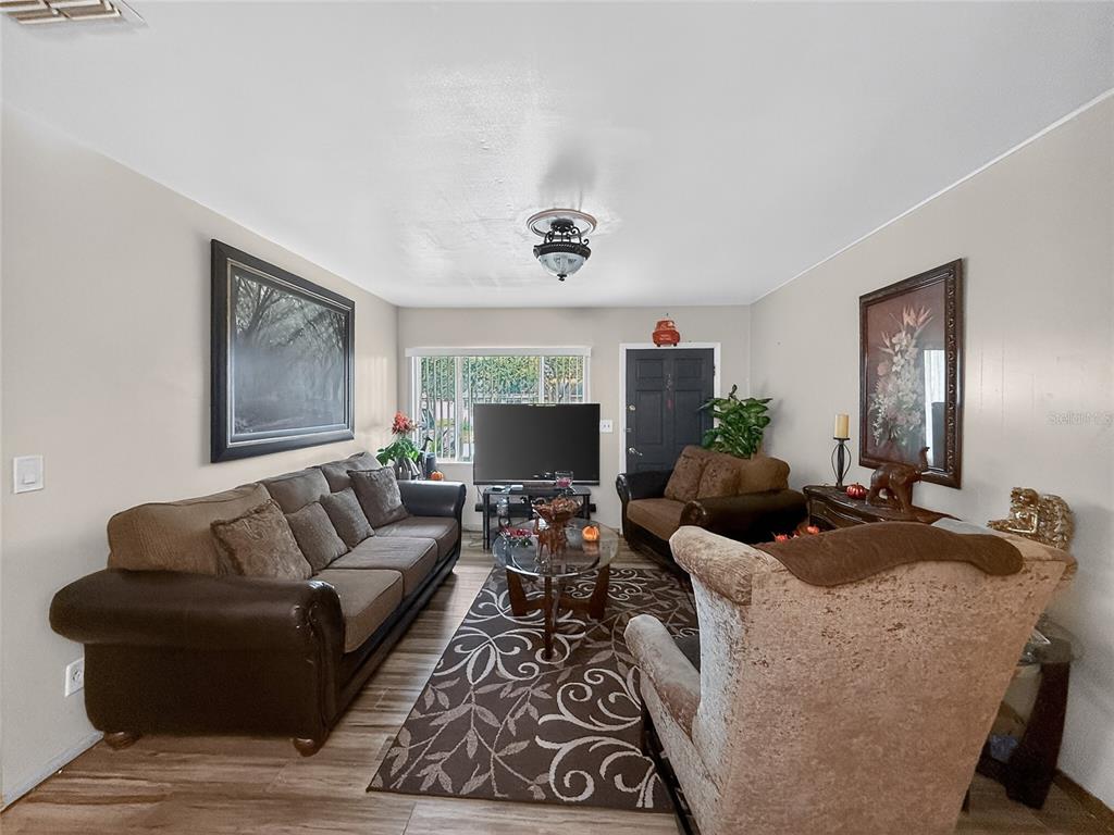 A living room features a brown sofa, an armchair, a television, and a patterned area rug — 8009 CORNWALL LANE, TAMPA, FL