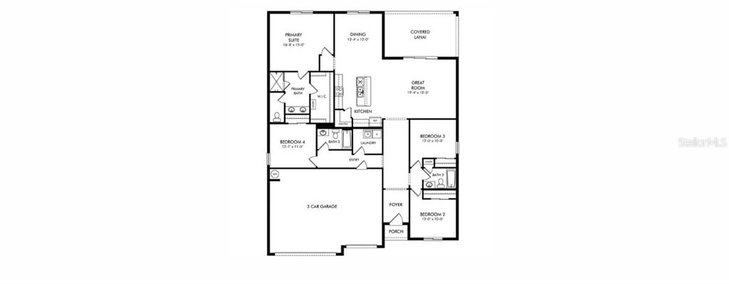 This is a floor plan for a single-story house with four bedrooms and a three-car garage — 11429 STARLING SONG PLACE, PARRISH, FL