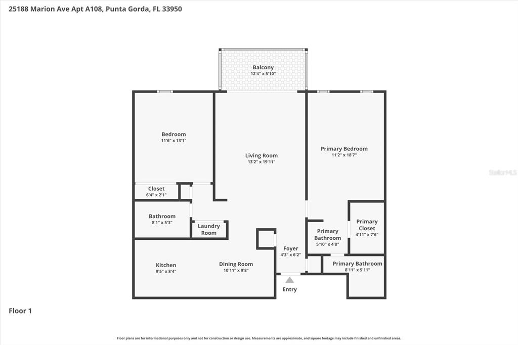 This is a floor plan for a two-bedroom, two-bathroom apartment with a balcony — 25188 MARION AVENUE UNIT A108, PUNTA GORDA, FL