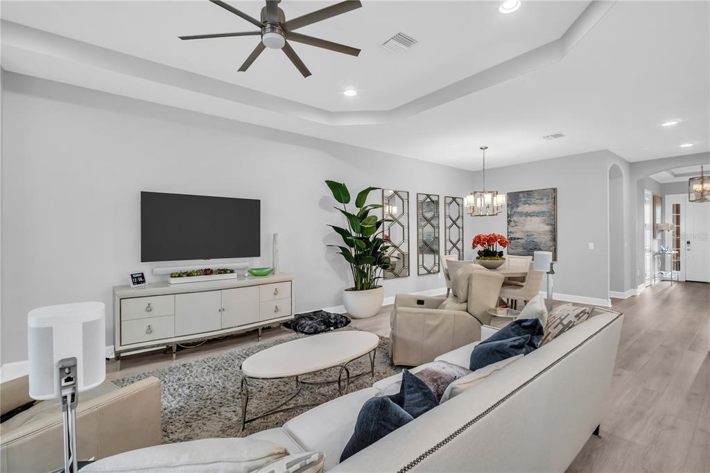 A living room features a light-colored sofa, a television on a console, and a dining area — 20161 UMBRIA HILL DRIVE, TAMPA, FL