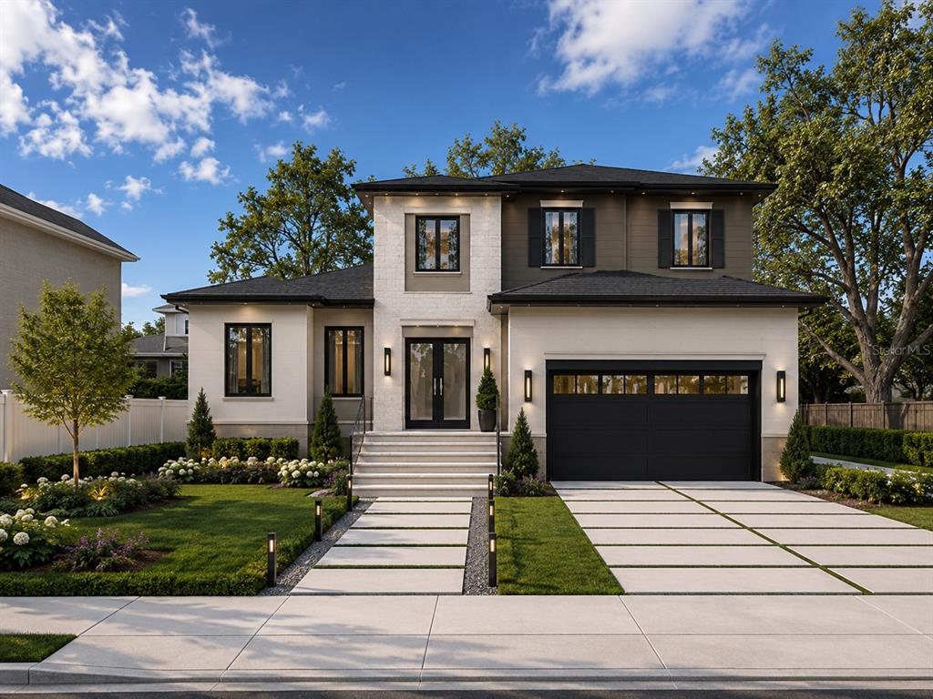 This is a rendering of a two-story modern home with a white facade and garage — 2825 W SHELTON AVENUE, TAMPA, FL