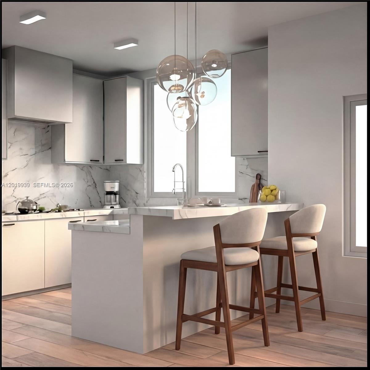 This is a rendering of a modern kitchen featuring marble countertops, white cabinetry, and barstools — FORT LAUDERDALE, FL