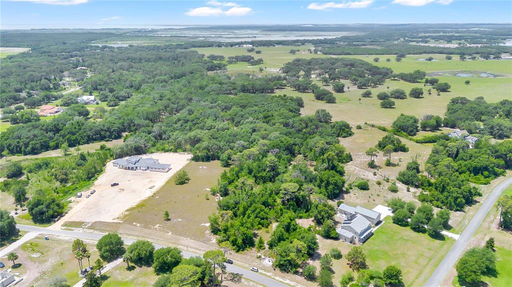 An aerial view shows two houses surrounded by trees and open fields under a blue sky — GRAND OAK LANE, TAVARES, FL