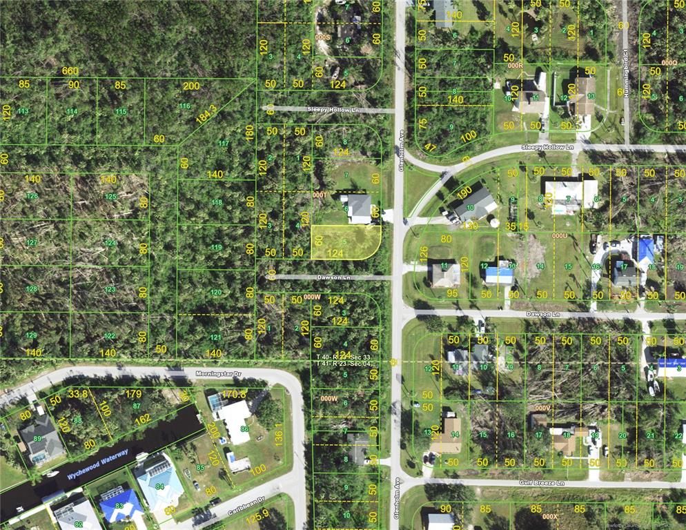 This is an aerial map showing residential lots, streets, and wooded areas — 141 GLENHOLM AVENUE, PUNTA GORDA, FL
