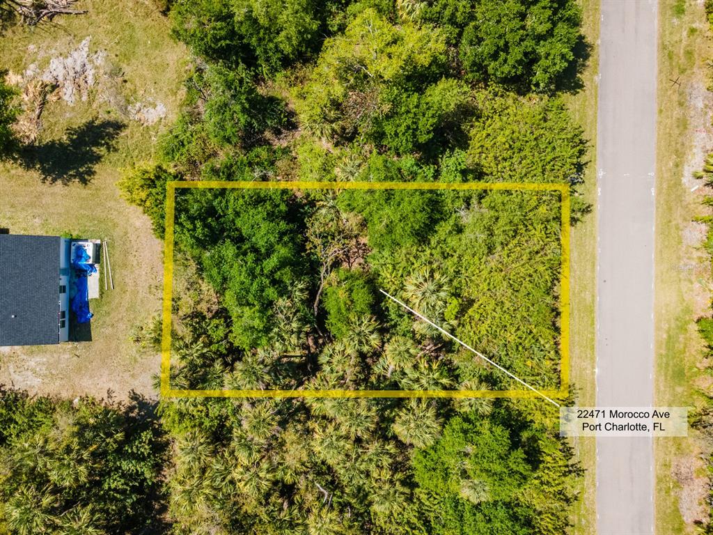 An aerial view shows a rectangular, wooded vacant lot outlined in yellow next to a road — 22471 MOROCCO AVENUE, PORT CHARLOTTE, FL