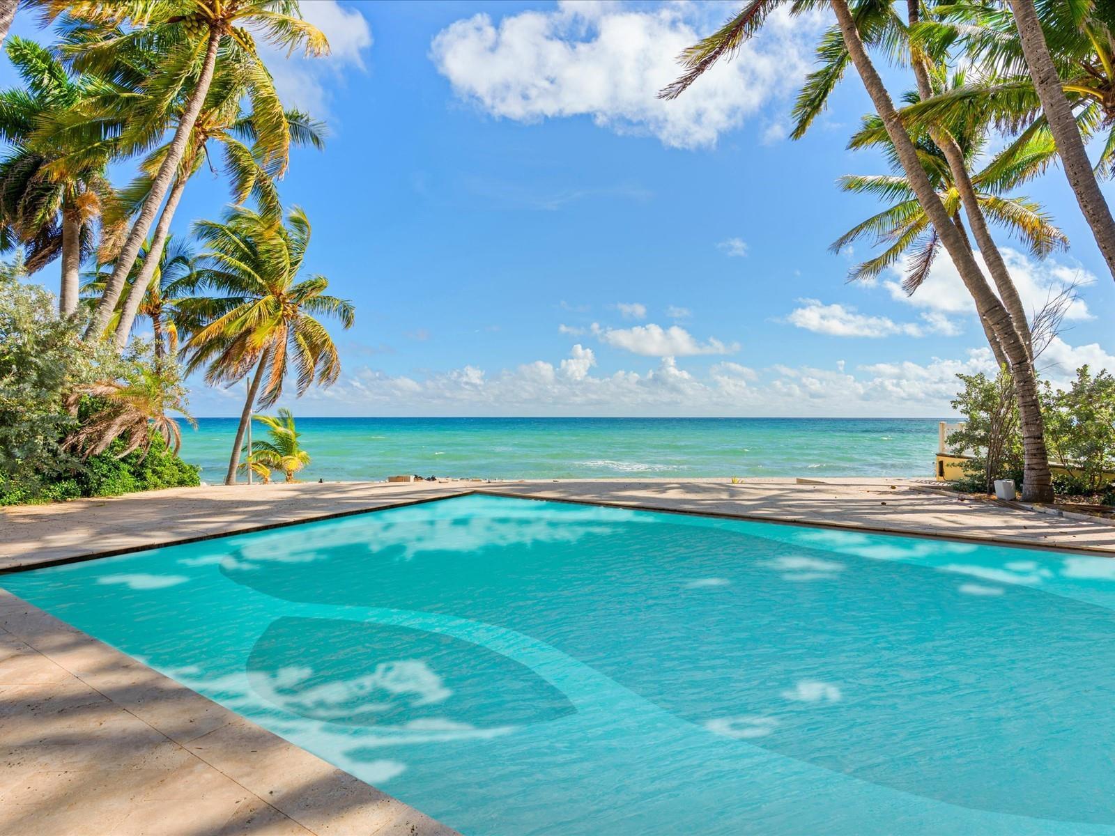 A swimming pool overlooks the ocean, framed by palm trees under a bright blue sky — 555 Ocean Boulevard, Golden Beach FL 33160, GOLDEN BEACH, FL