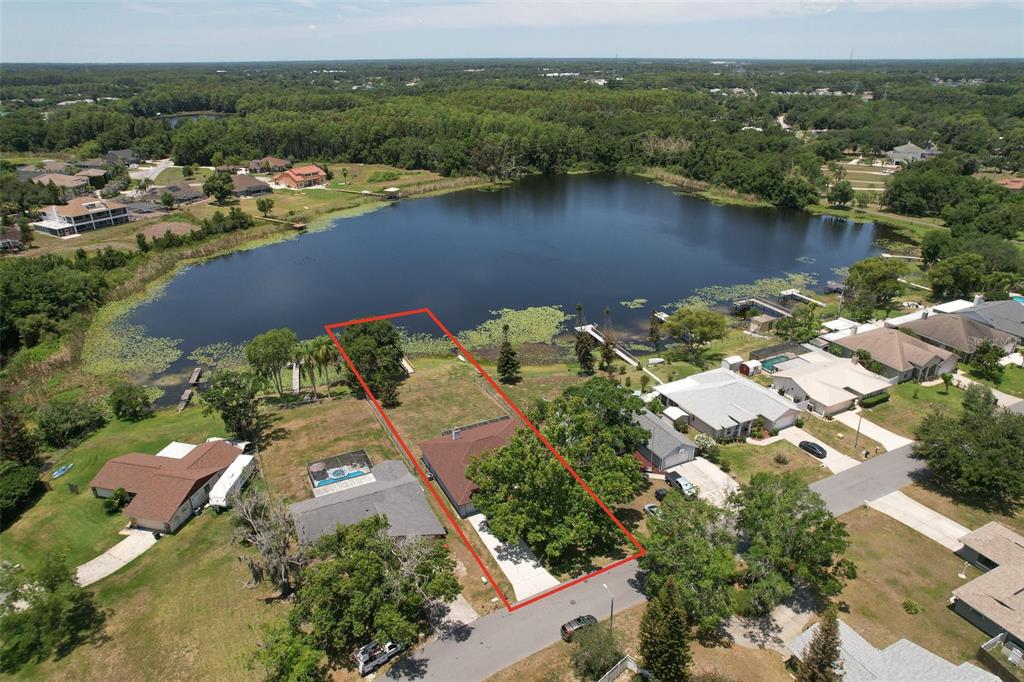 An aerial view shows a house with a red-outlined lot bordering a lake — 2459 SHOREWOOD LANE, LAND O LAKES, FL
