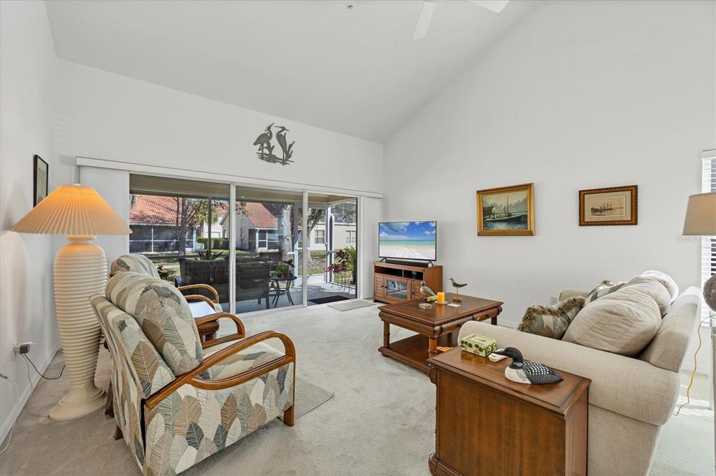 A living room with a vaulted ceiling, patterned armchair, beige sofa, and sliding glass doors — 7133 CEDAR HOLLOW CIRCLE UNIT 22-102, BRADENTON, FL