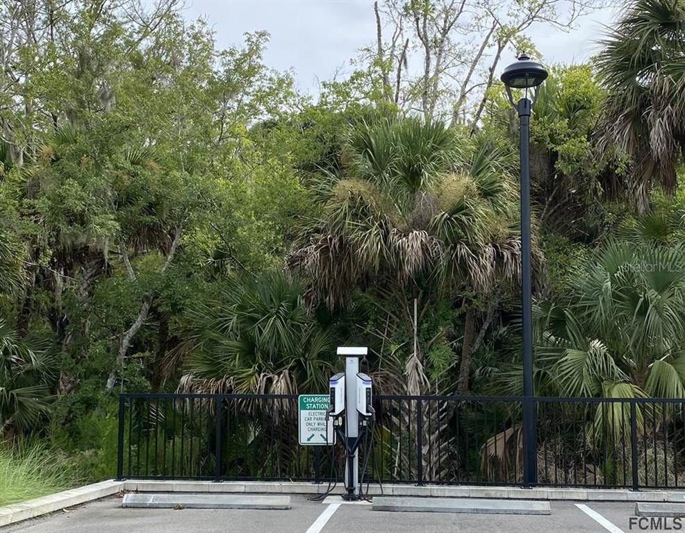 An electric vehicle charging station stands in a parking lot in front of dense trees — 2 TEUNIS COURT, PALM COAST, FL