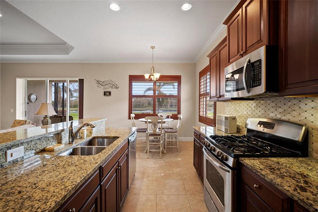A kitchen with granite countertops, dark wood cabinets, stainless steel appliances, and a dining area — 1314 STILL RIVER DRIVE, VENICE, FL