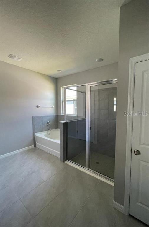 A bathroom features a tiled walk-in shower, a soaking tub, and gray floor tiles — 16988 OVAL RUM DRIVE UNIT 16988, WIMAUMA, FL