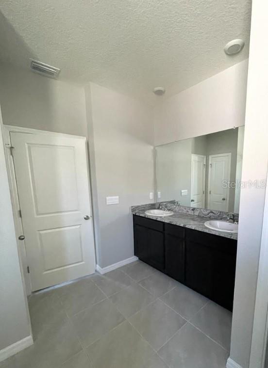 A bathroom features a dark wood vanity with two sinks, a large mirror, and tile flooring — 16988 OVAL RUM DRIVE UNIT 16988, WIMAUMA, FL