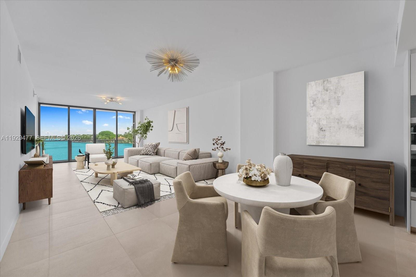This living and dining area features neutral furniture, tile floors, and floor-to-ceiling windows overlooking water — 1135 103 St # 403, Bay Harbor Islands FL 33154, BAY HARBOR ISLANDS, FL