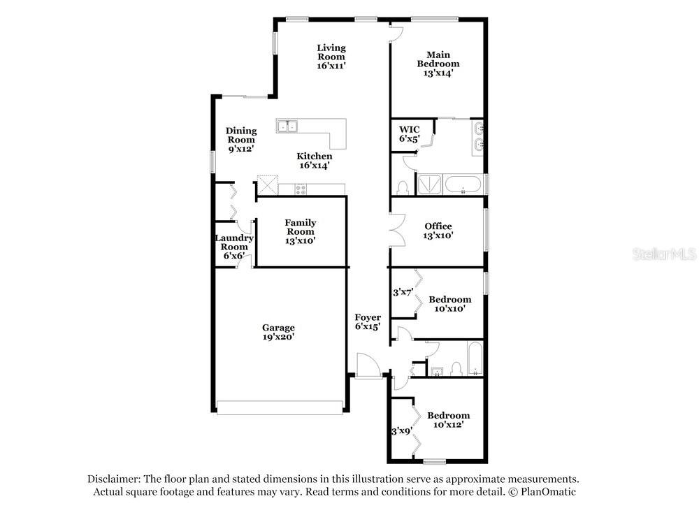 This is a floor plan of a single-story house with a garage and three bedrooms — 1807 BONITA BLUFF COURT, RUSKIN, FL