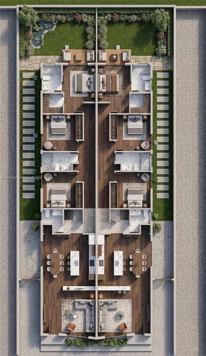 This architectural rendering shows a top-down view of two mirrored, modern residential floor plans — 1192 Ac Evans St, Riviera Beach FL 33404, RIVIERA BEACH, FL