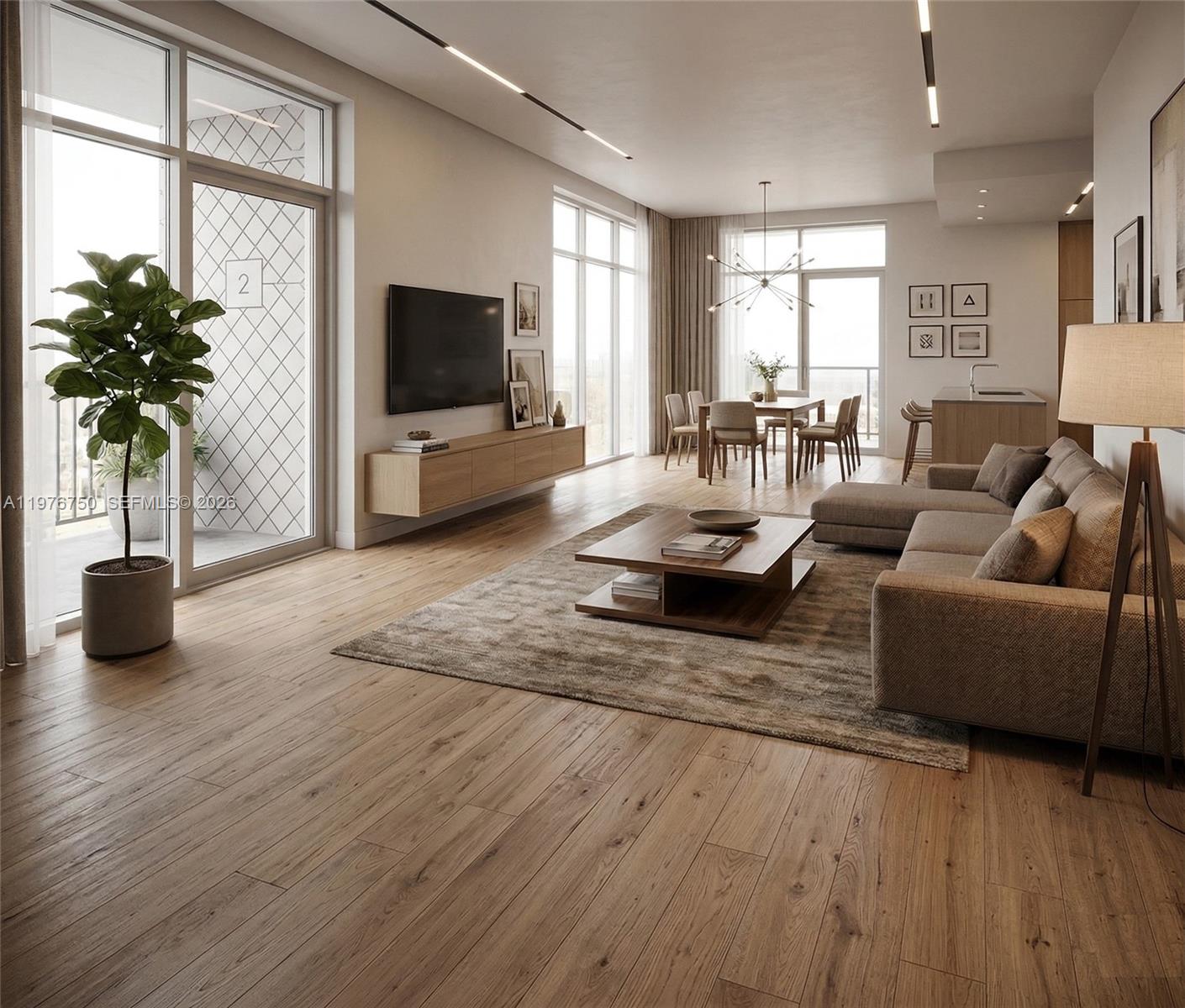This rendering shows a modern open-concept living and dining area with light wood flooring — 1192 Ac Evans St, Riviera Beach FL 33404, RIVIERA BEACH, FL