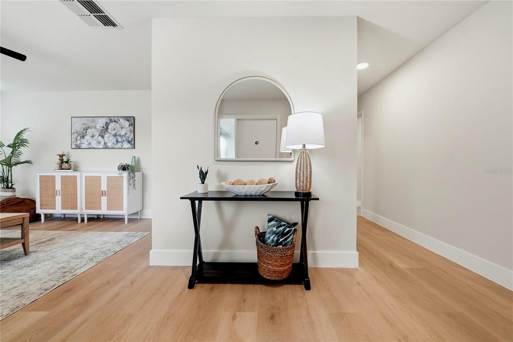 A modern entryway features a black console table, arched mirror, and light wood flooring — 3280 SKENE TERRACE, PALM HARBOR, FL