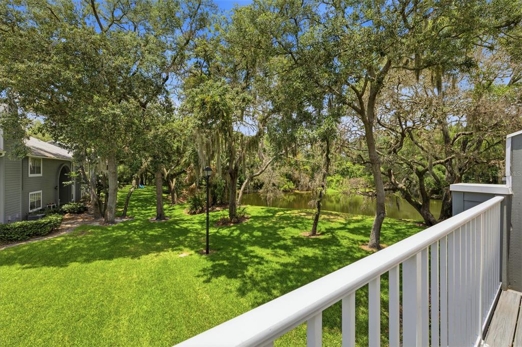 A view from a balcony overlooking a grassy lawn, mature trees, and a small pond — 11844 SKYLAKE PLACE, TAMPA, FL