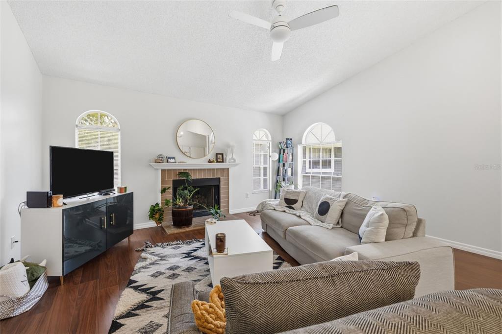 A living room features a fireplace, a television on a console, and a sectional sofa — 11844 SKYLAKE PLACE, TAMPA, FL