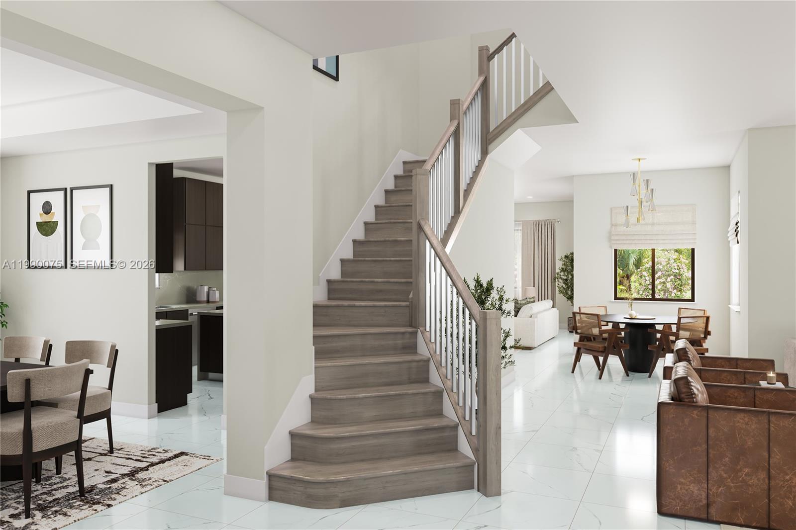 This is a digital rendering of an open-concept interior featuring a central wooden staircase — 19652 NE 14 CT, Miami FL 33179, MIAMI, FL