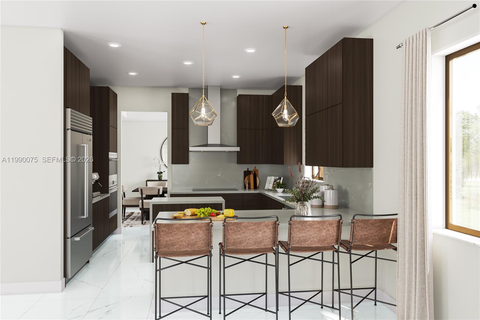 This rendering shows a modern kitchen with dark wood cabinets, marble countertops, and four barstools — 19652 NE 14 CT, Miami FL 33179, MIAMI, FL