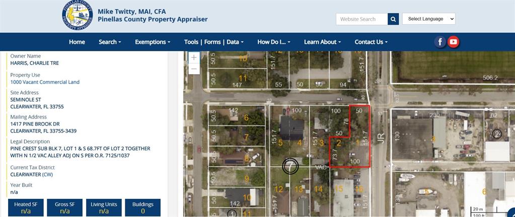 This is a property tax map showing a highlighted parcel of vacant commercial land — SEMINOLE STREET, CLEARWATER, FL