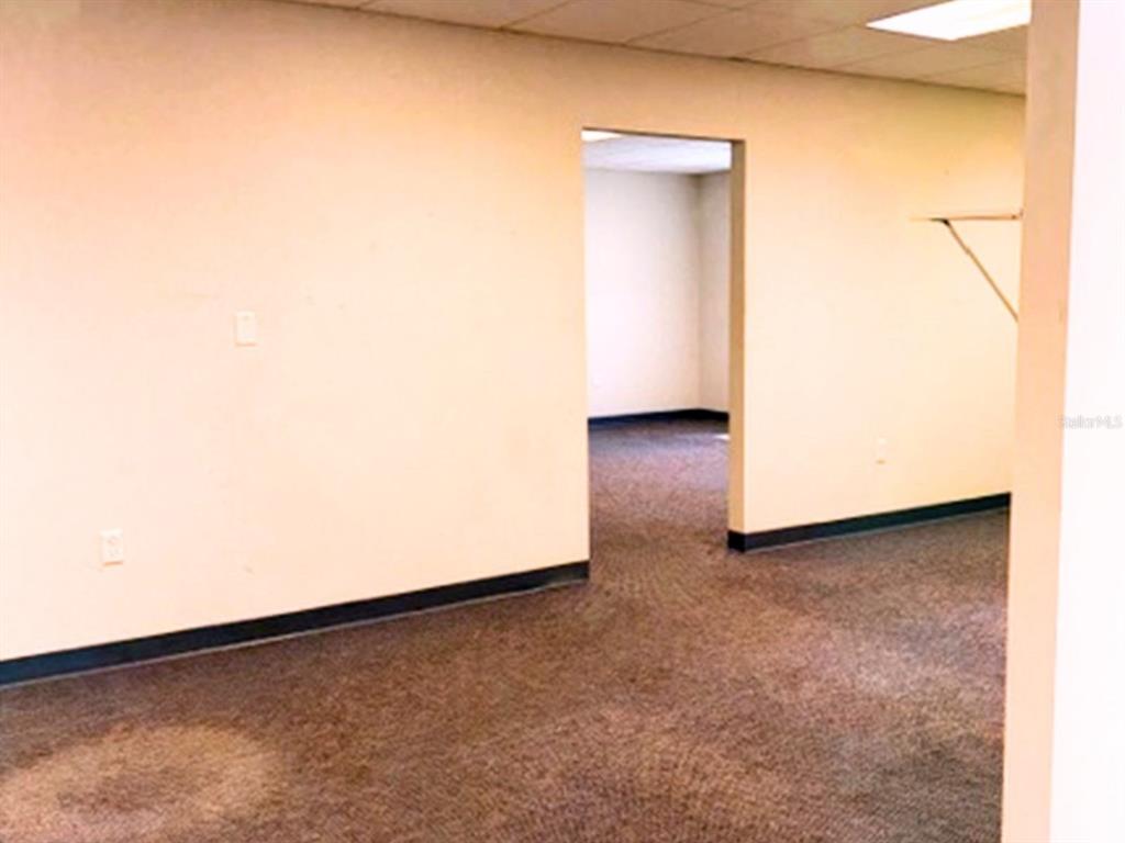 An interior view of a room with beige walls, brown carpeting, and a doorway — 233 12TH STREET SW, LARGO, FL